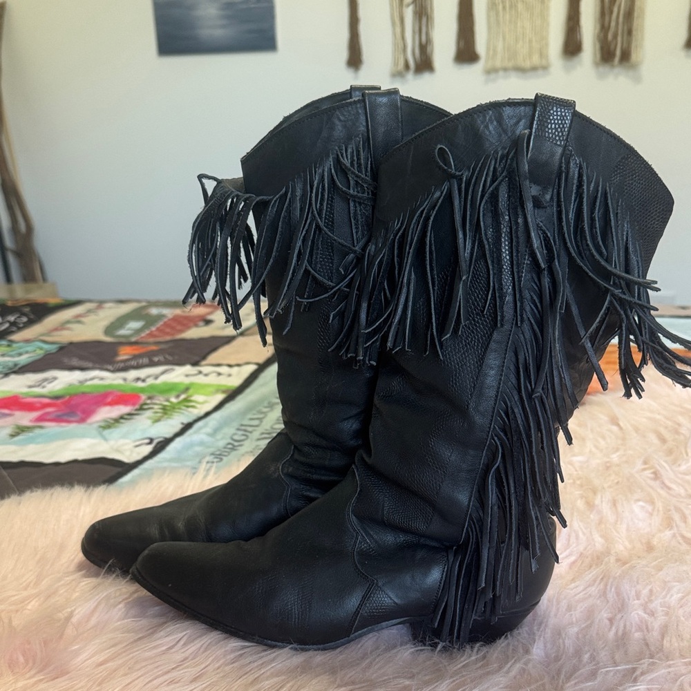 Vintage Black Fringe Western Heeled Boots